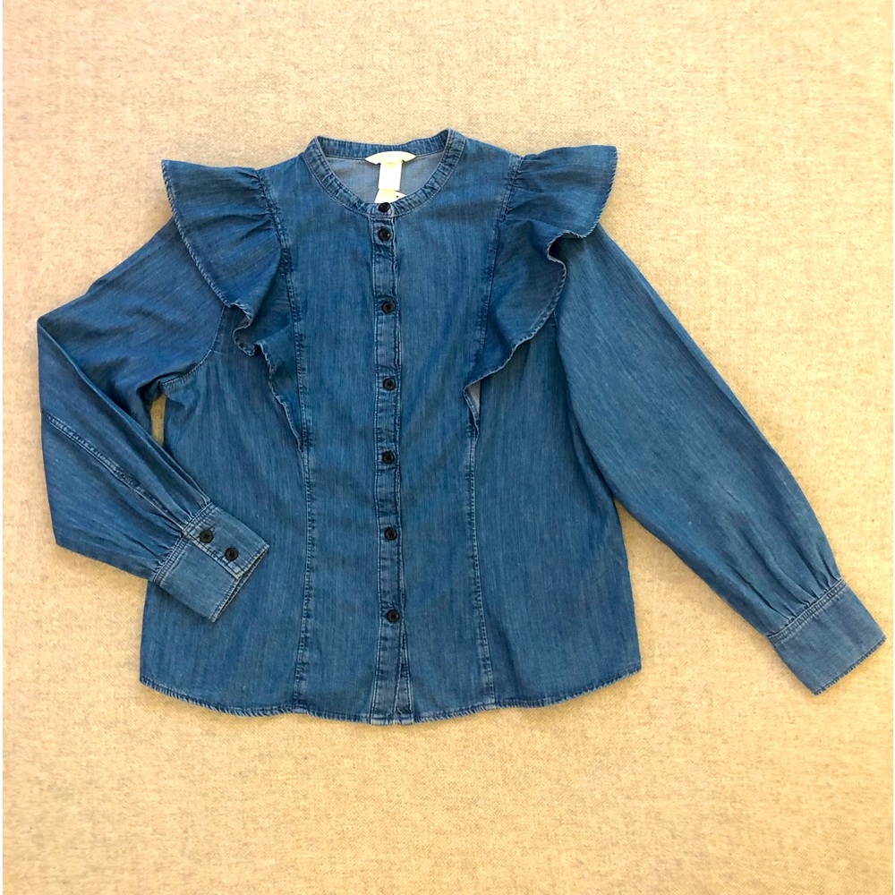 H&M NWT Ruffled Denim long Sleeve Button Down Shirt size large